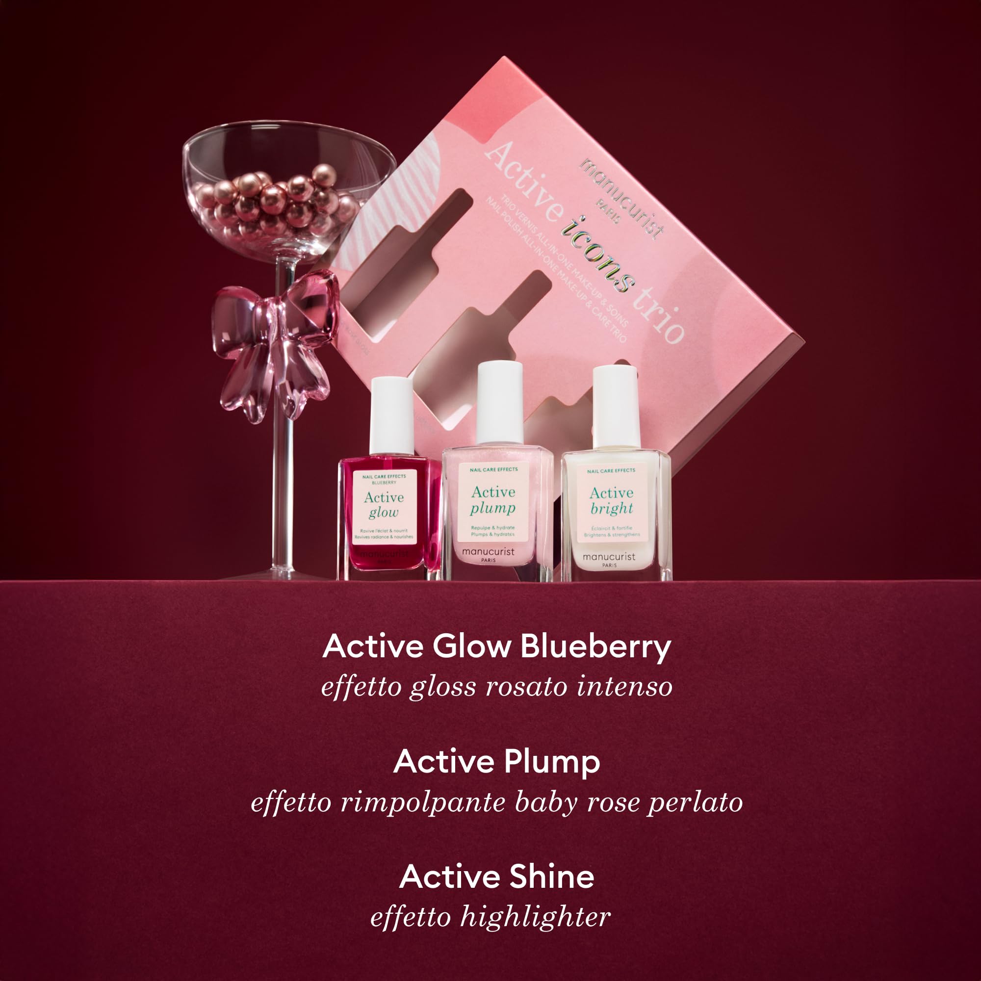 Set Regalo Unghie Manucurist Active Icons Trio - Smalti Active Glow Blueberry, Shine, Plump - Trattamento illuminante e cura - Smalto Rinforzante Unghie - Cofanetto Regalo Donna - Regali Donna