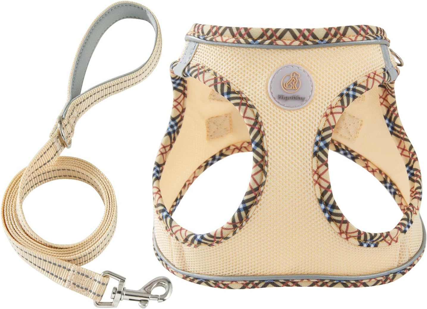 Hipubby Dog Harness Small Sized and Leash Set, No Pull Soft Mesh Puppy Vest, Reflective Breathable Lightweight Pet Harness, Harness for Small Medium Dogs and Cats - Khaki/Tirm, L