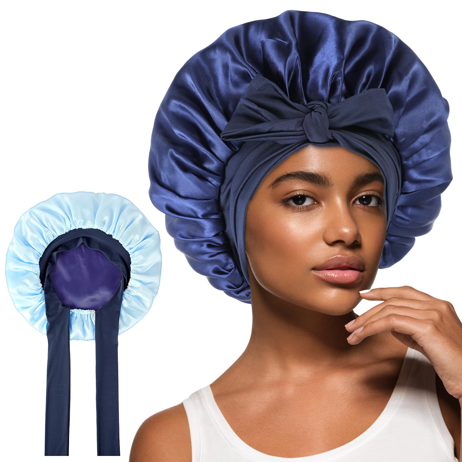 Cuffia per dormire in raso da donna, reversibile, in seta, a doppio strato, con fascia per capelli ricci