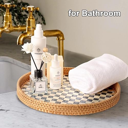 Miniatura 6 de Bandeja de ratán con incrustaciones de madreperla, cesta de mimbre para decoración, bandeja redonda para servir pan, fruta, café, decoración y