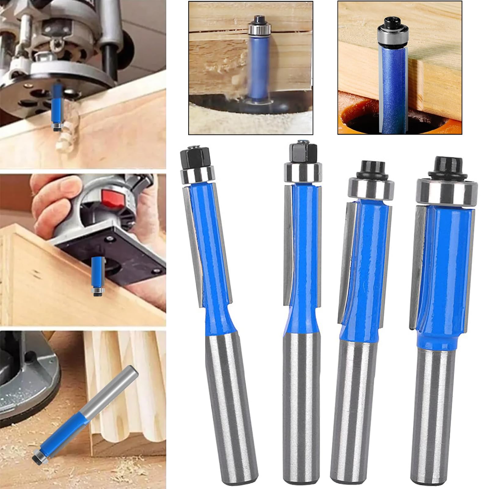 4 Fraises à Affleurer 8mm Pour Défonceuse | Set Professionnel Bois - Diamètres 1/4 à 1/2 Pouce