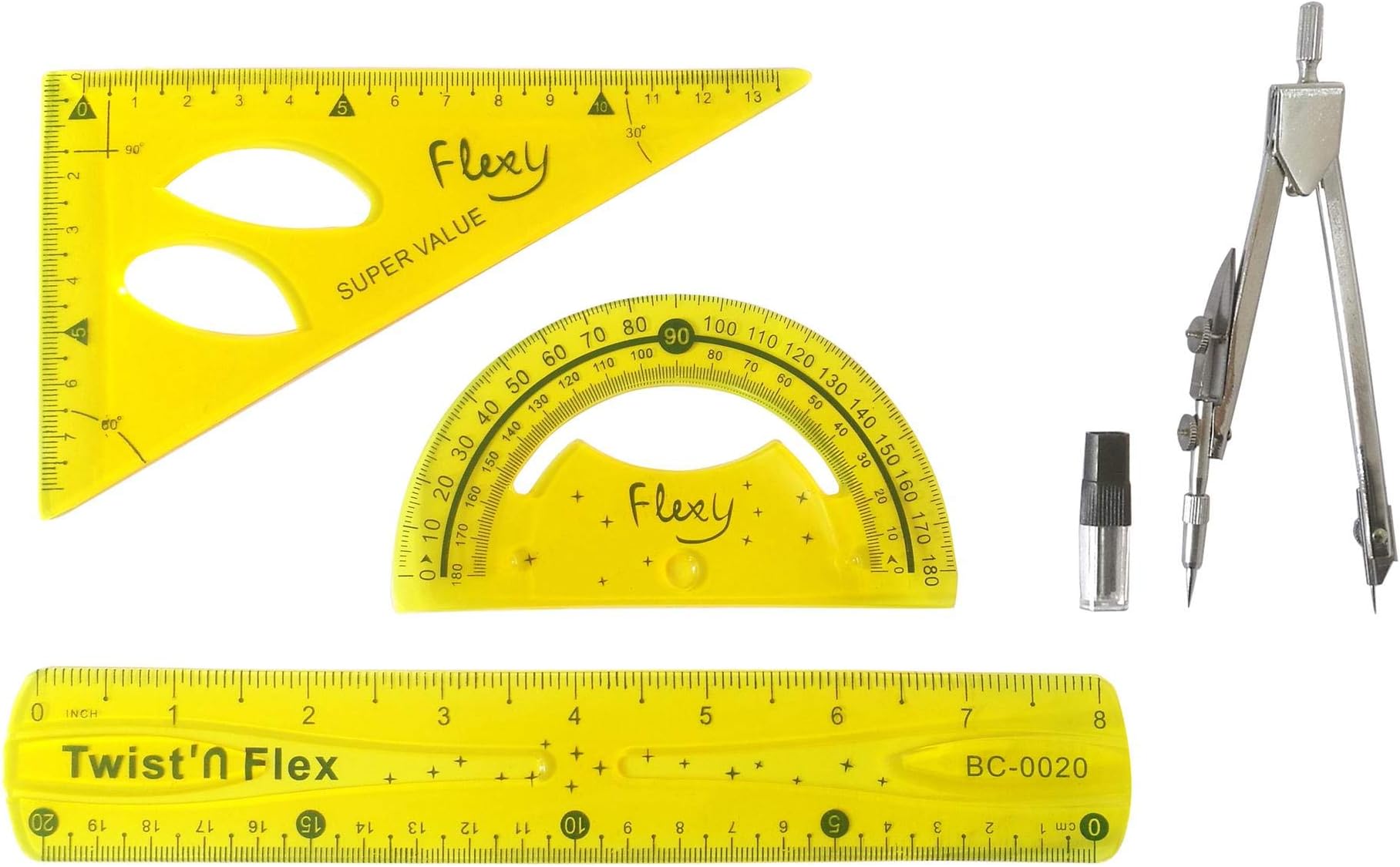 Math Protractors Plastic Protractor 180 Degrees,Clear,Ruler,Triangular Ruler and Stainless Steel Drawing Compass,Total 4 Pieces