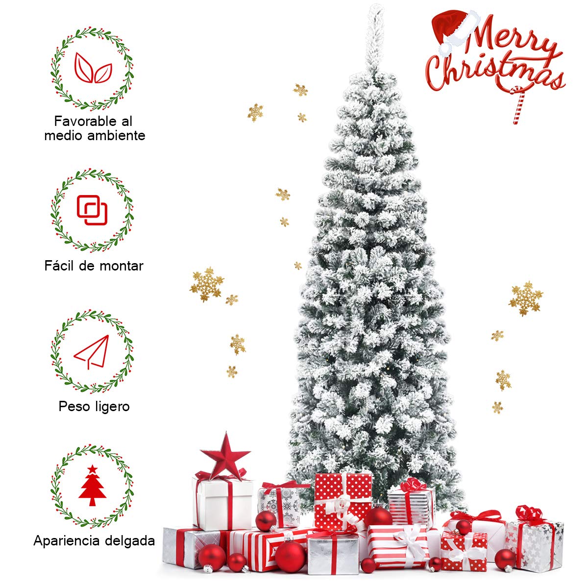 COSTWAY 180cm Árbol de Navidad Artificial Nevado, Agujas de PVC de 500 Puntas, Árbol de Navidad Slim/Estrecho, Soporte de Metal, y Decorativa Nieve para Hogar Oficina Fiesta (180 cm)