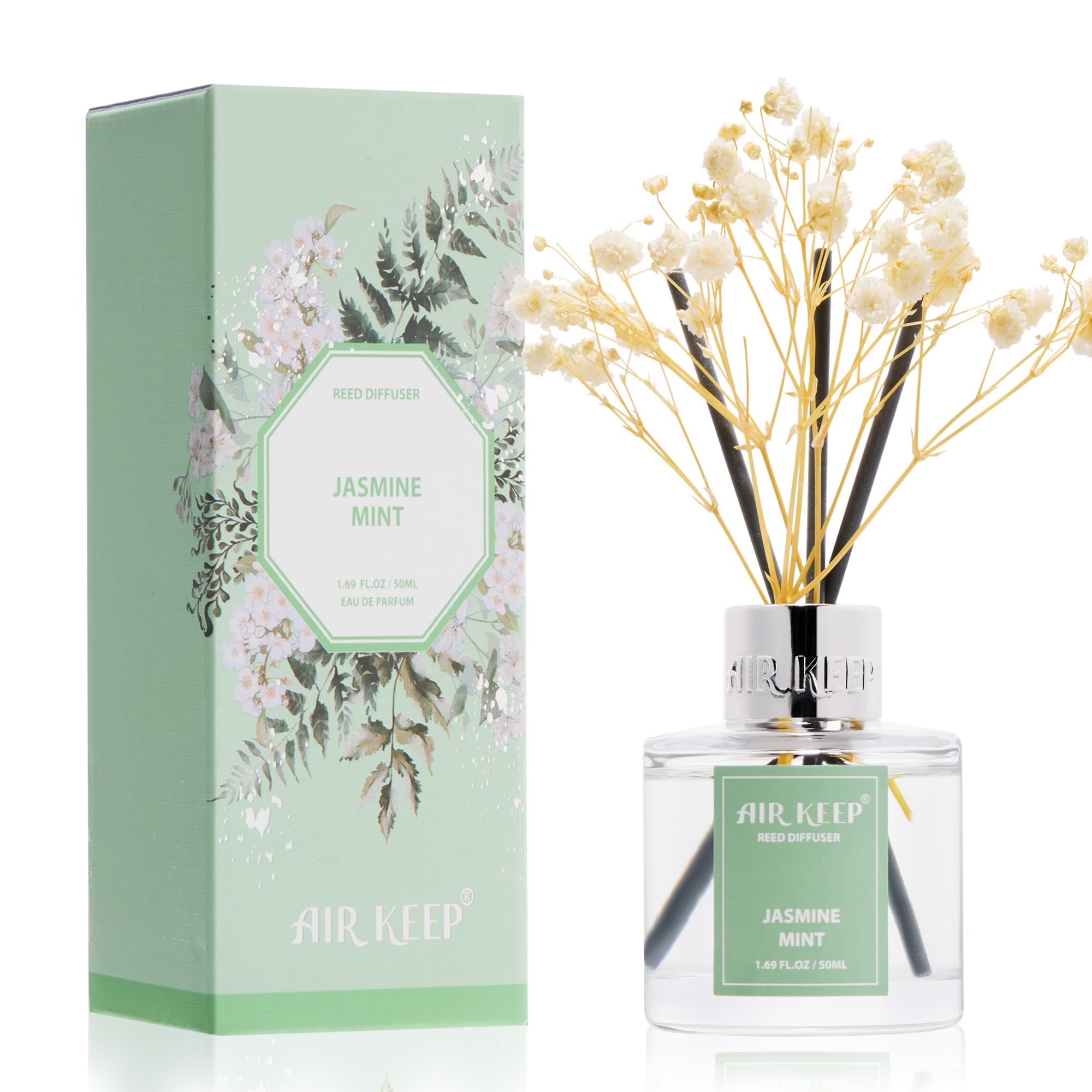 Airkeep Reed Diffuser Set,1.69 fl oz (50 ml) - Jasmine Mint Oil Diffusers with 8 Reed Sticks,Home Fragrance Reed Diffuser for Bathroom Shelf Decor