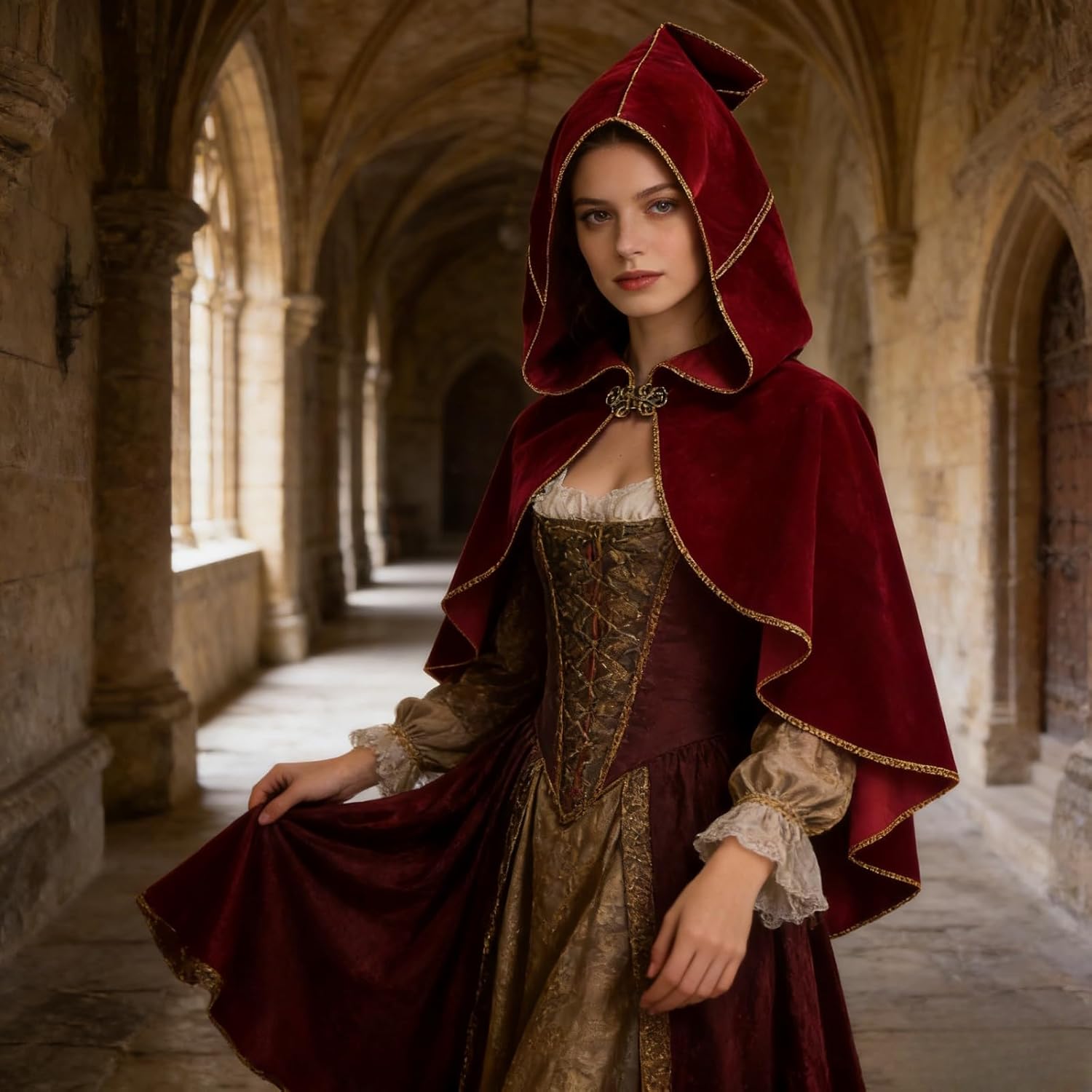 yolsun Medieval Short Hooded Cape for Women, Renaissance Cowl Halloween Hooded Cloak Costume Unisex