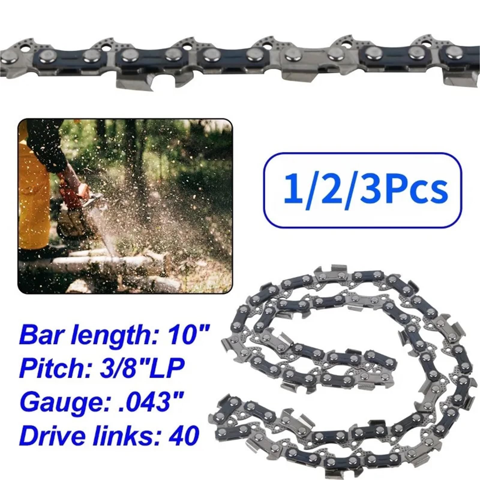 Cadena de motosierra Metal 10 pulgadas, 40 eslabones transmisión, 3/8 Lp, repuesto accesorio sierra eléctrica portátil 0.043 Cadena de corte de madera(3pcs-10inch 40 Dl)