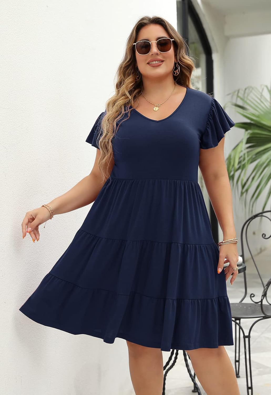 Celkuser Womens Plus Size Casual Summer Dresses Ruffle Sleeve Tiered Swing Midi Dress with Pockets - Image 3