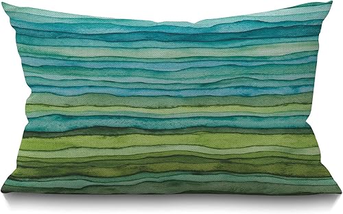 Miniatura 1 de Smooffly Funda de almohada de acuarela, ondas a rayas, pincel azul y verde, degradado, salpicaduras de mar marino, funda de cojín de lino de algodón