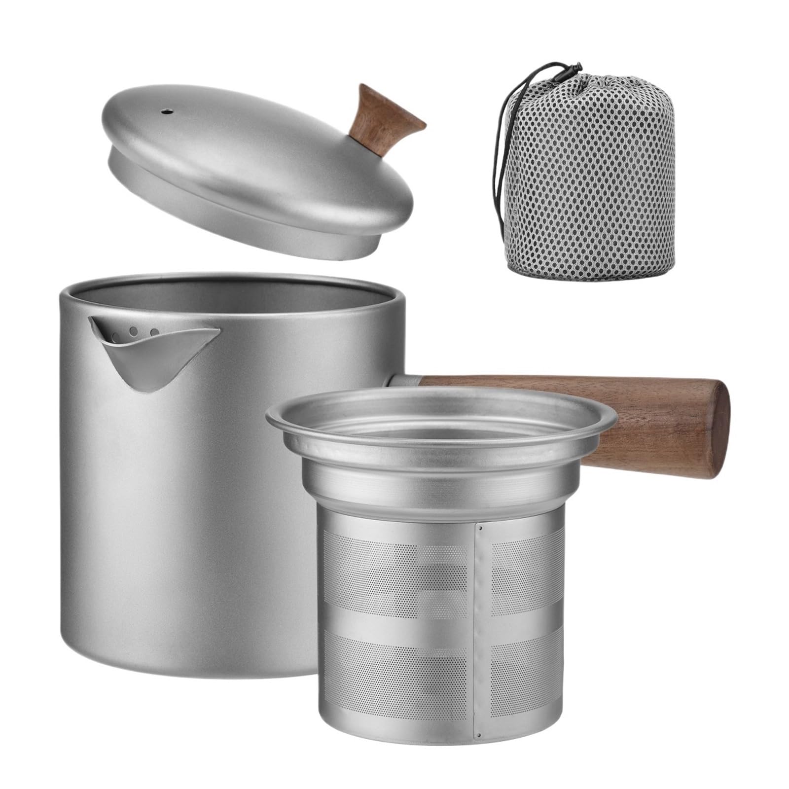 Generico Compatibile con bollitori Teiera Manico in Legno Caffettiera Leggera da Campeggio Portatile all'aperto Filtro a Maglia fine