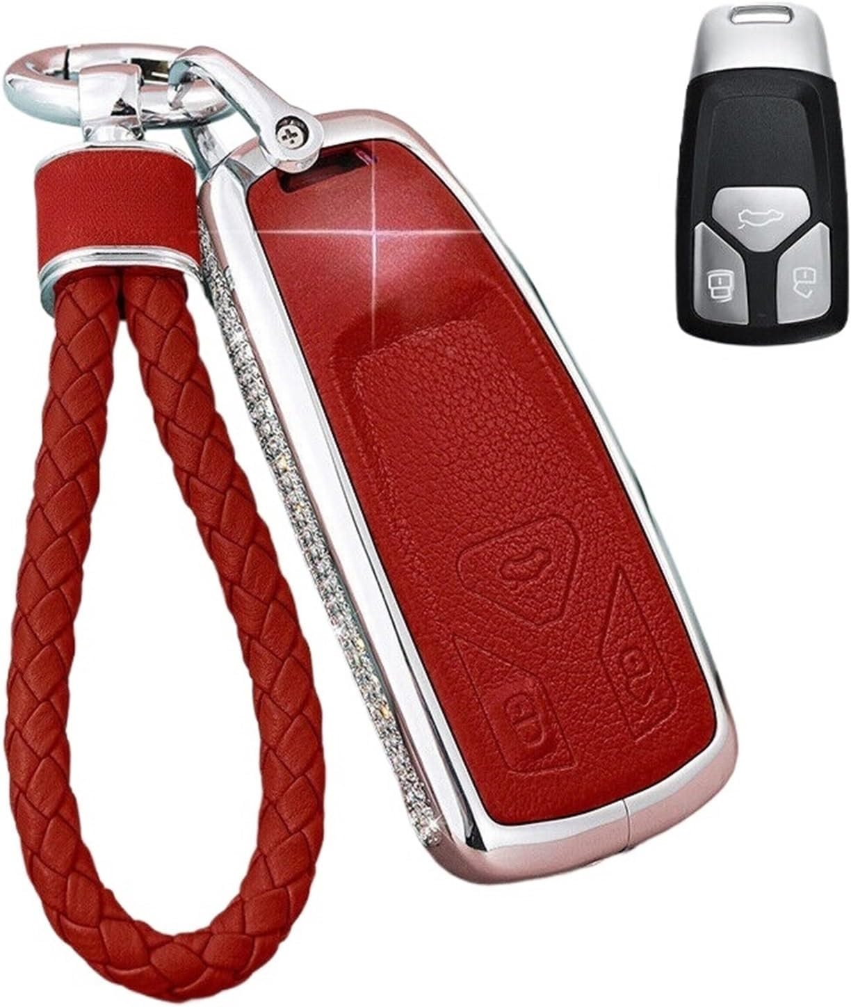 Zinc Alloy Leather Car Remote Key Fob Case Cover Holder Bag Keychain Compatible for Audi A4 A5 S4 S5 B9 Q7 M4 Q5 TT TTS RS(Red)
