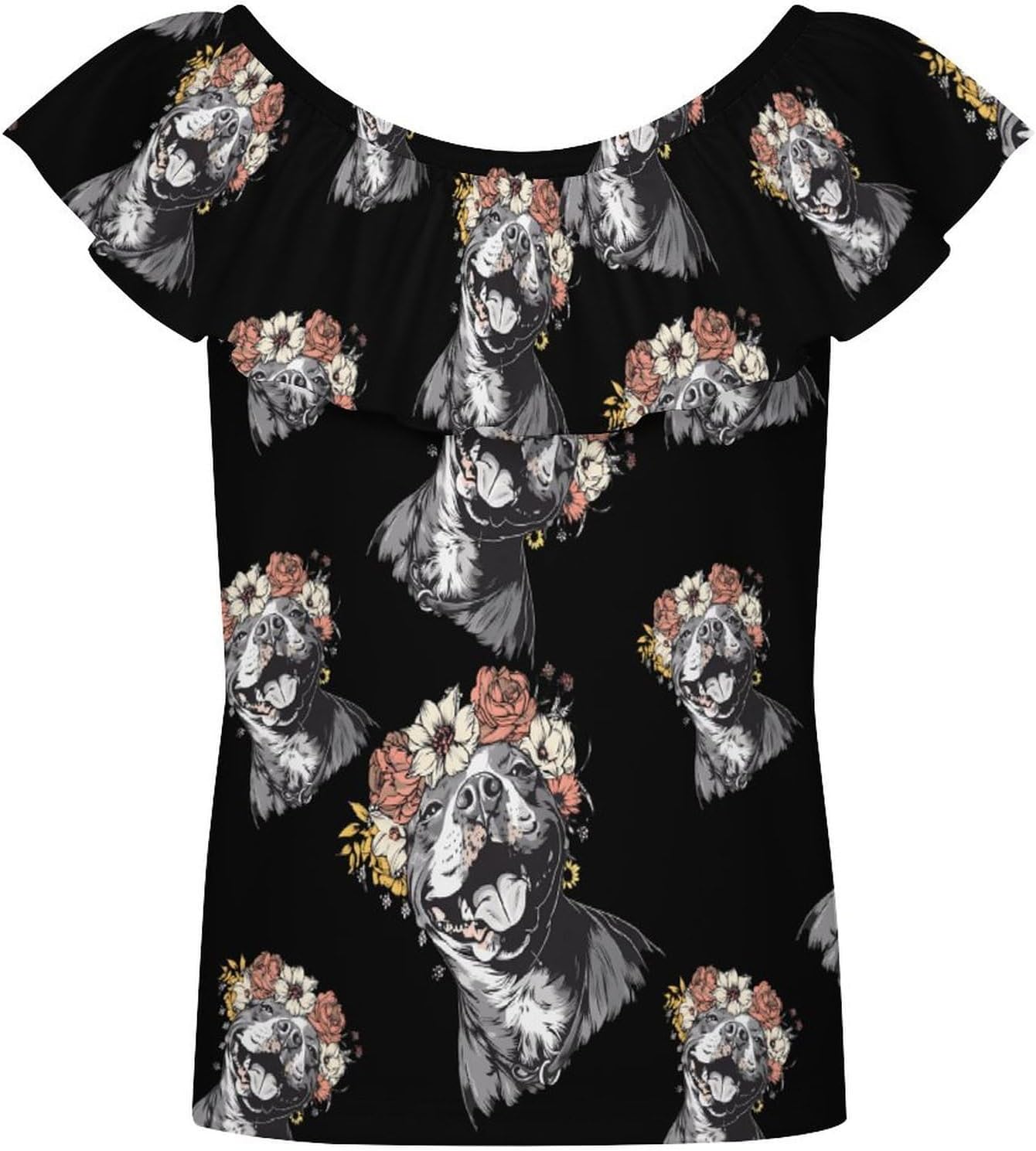Pit Bull Dog with Head Wreath Girls T-Shirts Top Ruffle Short Sleeve Blouse Casual Graphic Tees