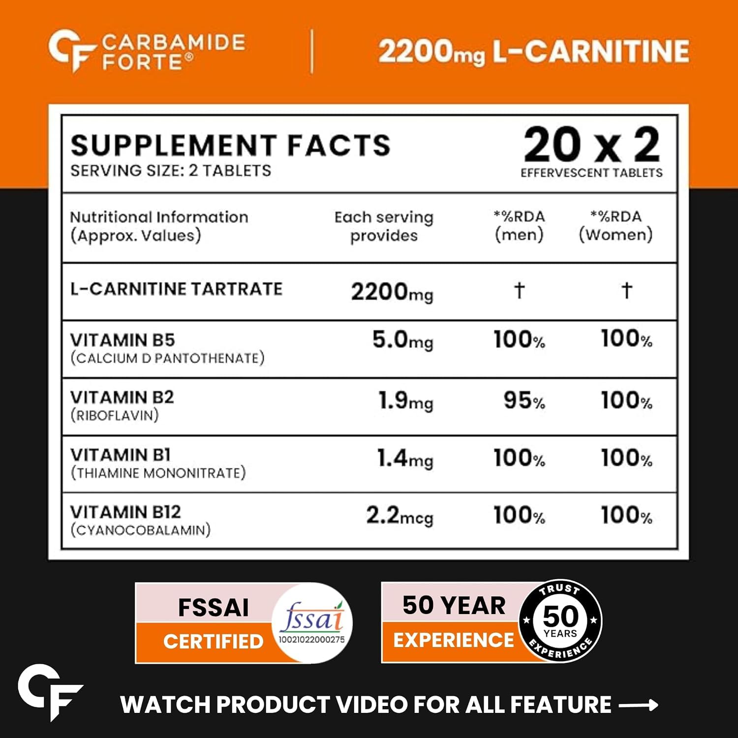 Carbamide Forte L Carnitine Effervescent 2200mg | L Carnitine Tablets with B-Complex Vitamins | LCarnitine to support Fat Metabolism & Energy Support | Orange Flavour | 40 Effervescent Tablets — Amazon image 2