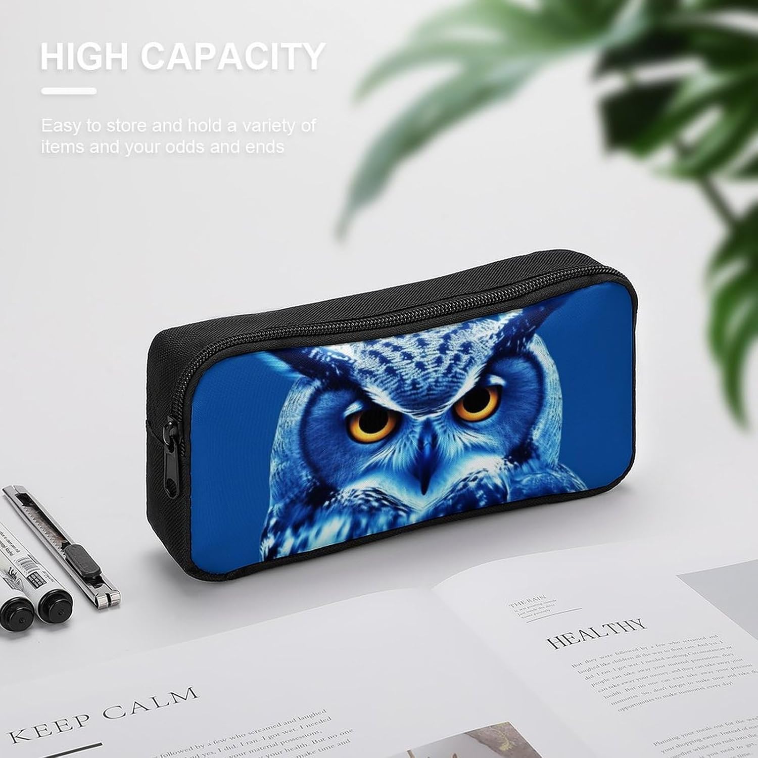 Lightweight Blue Owl Pencil Pouch with Metal Zipper image 4