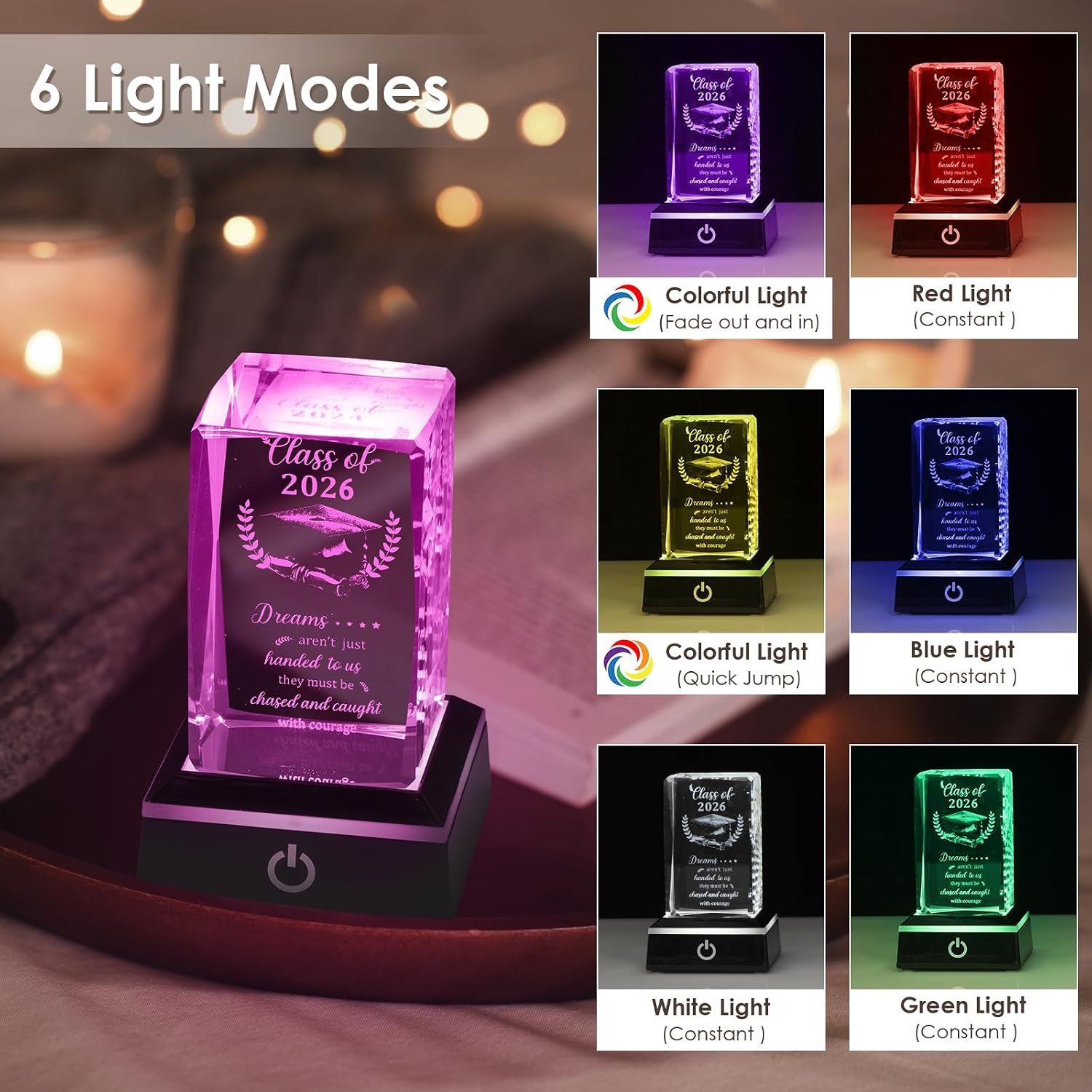 ROCKY&CHAO Graduation Gifts Class of 2026 Graduate Inspirational Gifts, 3D Laser Engraved Crystal Keepsake with LED Colorful Light Base Ideas for Women Men Girls Daughter Son High School College image 4