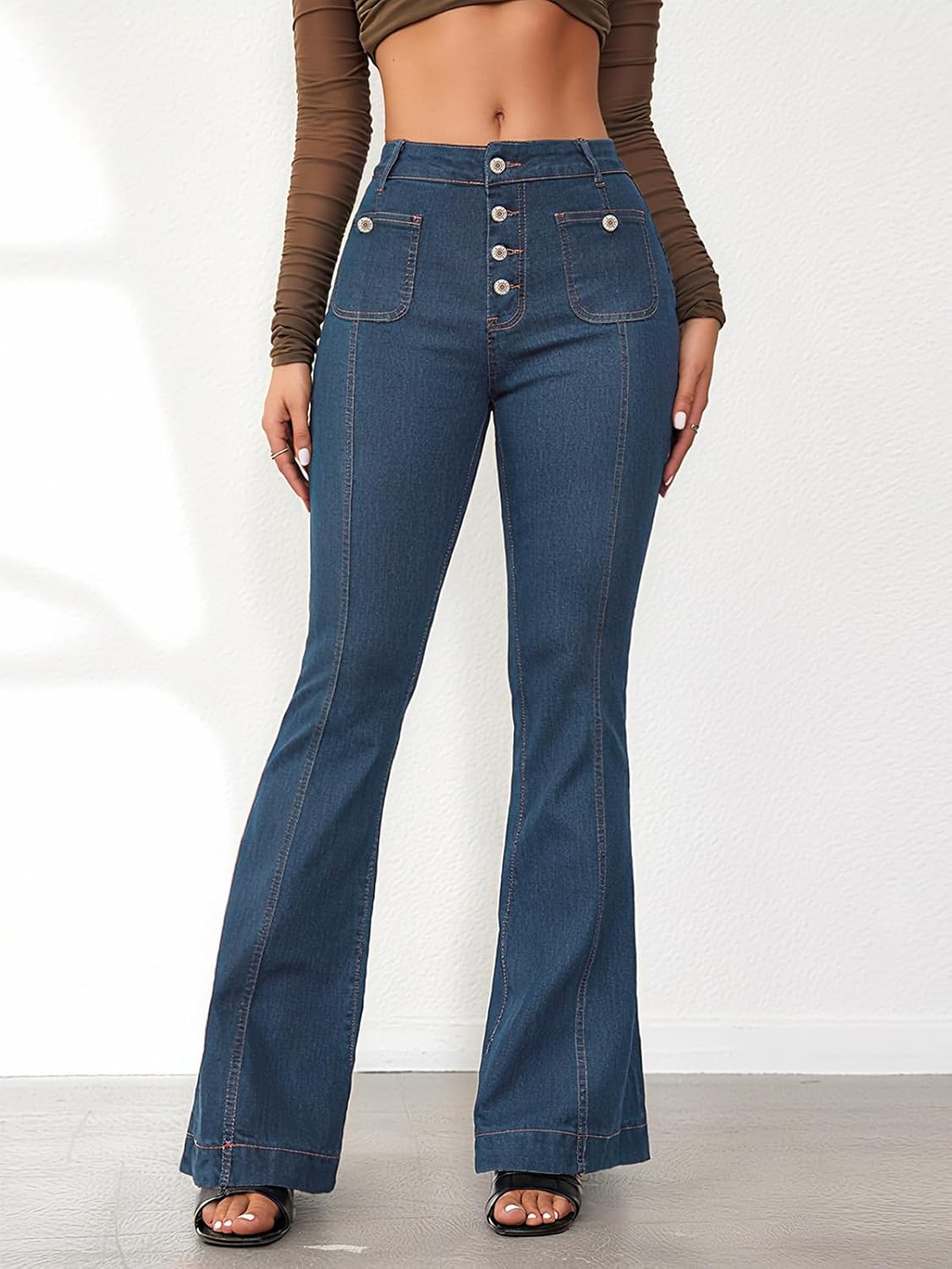 NEYOUQE Womens Long Flared Jeans Slimming Bootcut Jean Pants High Rise Buttons Denim Bell Bottom A Little Stretch