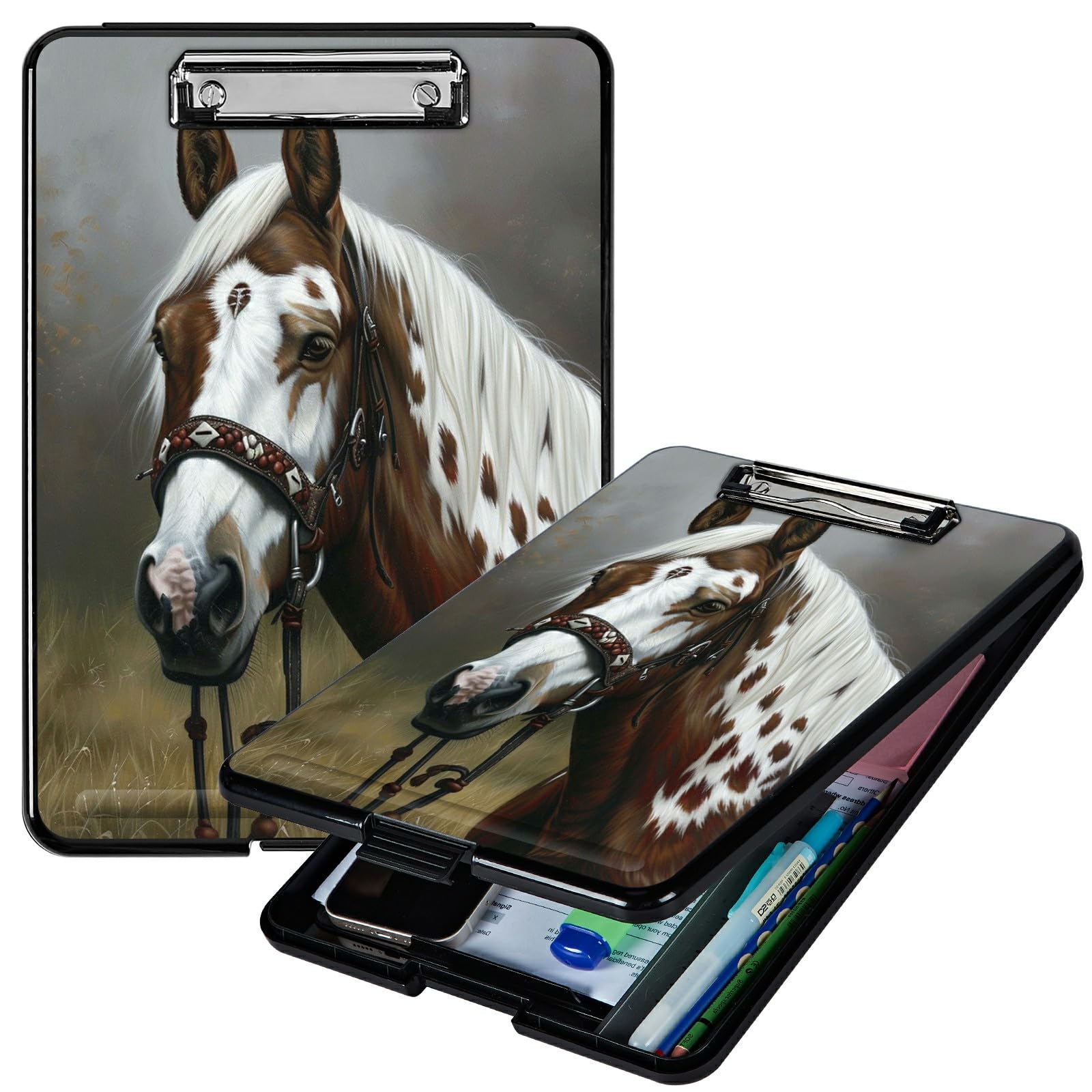 RWUTYTIUL Horse A4 Clipboard with Storage Pen Holder, Clipboards Organizer Nursing Clipboard Foldable File Folder Plastic Clipboard Folio Clip Board for Office Students Classroom Doctor