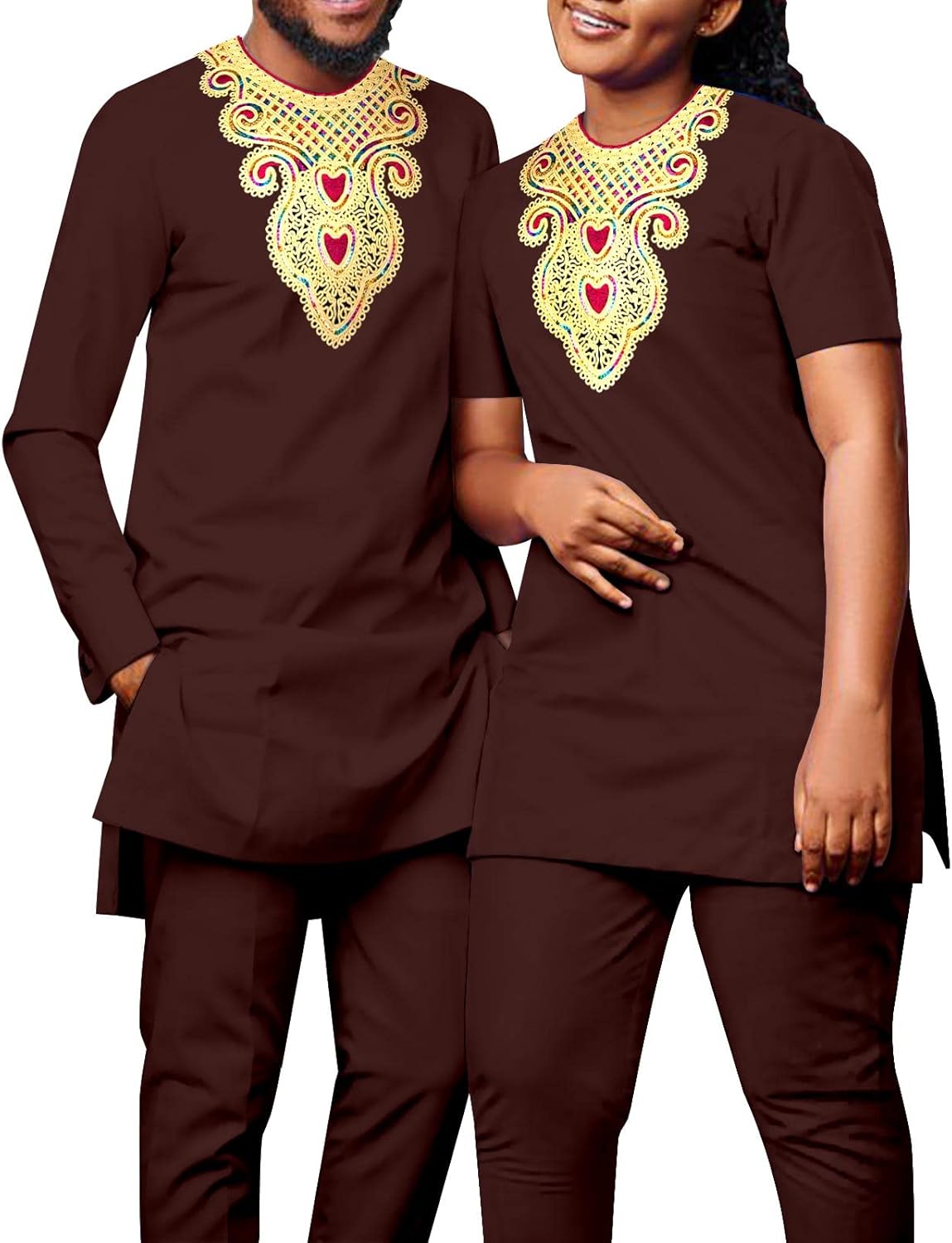 African Couple Suit Men's Long Sleeved T-Shirt Pants Two-Piece Suit, Women's Short Sleeved Suit Chest Hot Gold Print