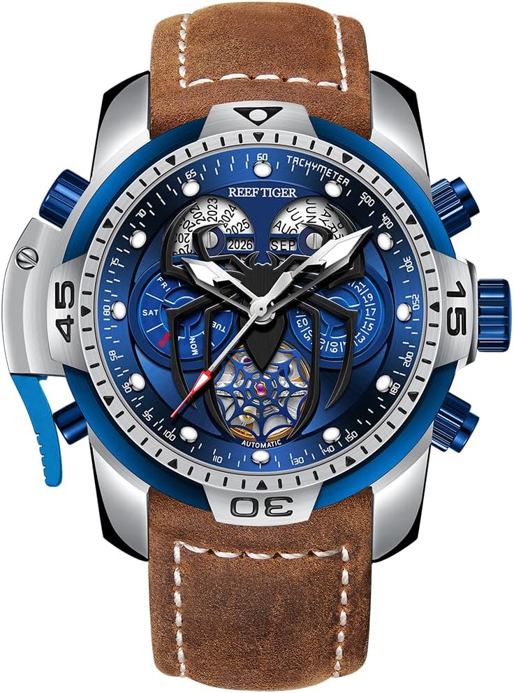 REEF TIGER High-end Luminous Sport Automatic Watch Spider Dial with Year Month Perpetual Calendar Leather Mechanical Watches RGA3532SP