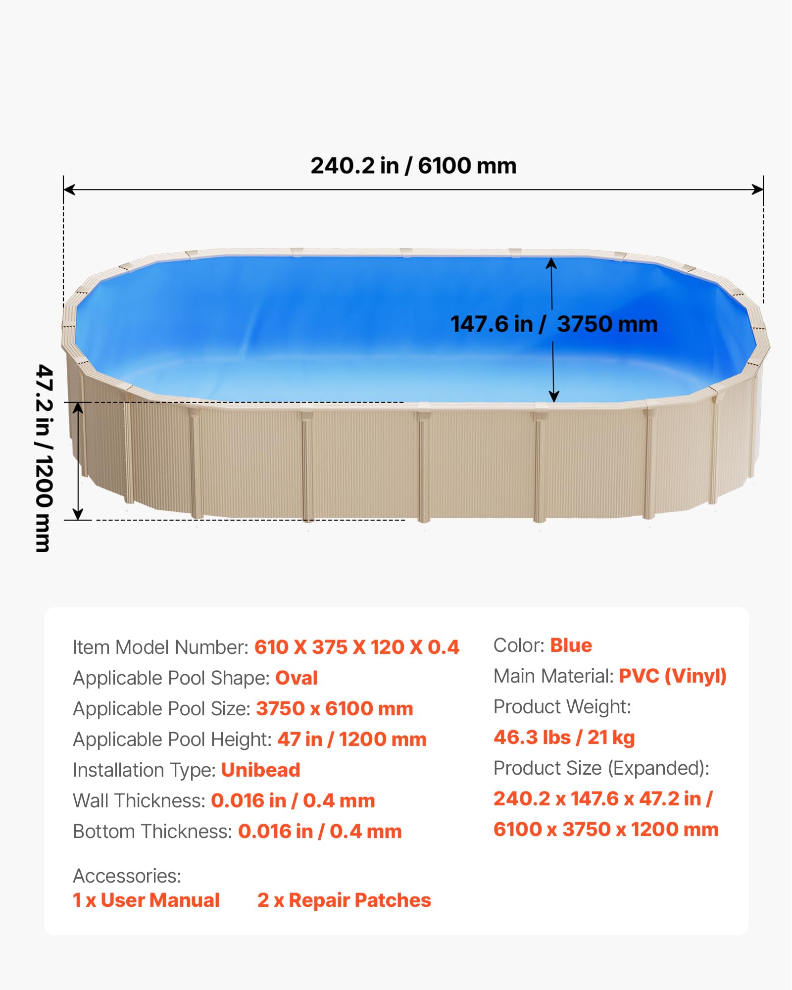 VEVOR Revestimiento para Piscina PVC, Liner para Piscinas Elevadas de Grosor mm, Altura de Pared, Resistente al Desgarro, Frío y Sol para Exterior y Jardín