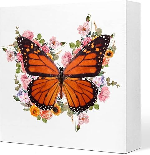 Letrero de madera con diseño de mariposa y monarca floral de acuarela, decoración de escritorio de madera rústica de mariposa para el hogar, niñas,
