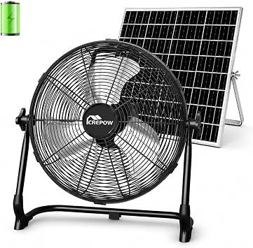 12" Solar Powered Floor Fan, Rechargeable Battery Operated Floor Fans with USB&Type C Output, 4.5-27H Runtime, Quiet Cordless Outdoor Fan for Outside Camping Greenhouse Shed Power Outage