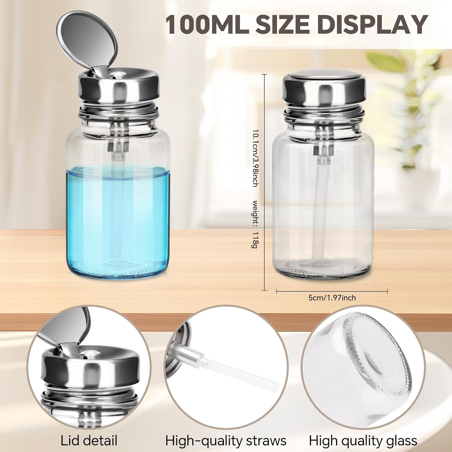 2-Pack 100ml/3.38oz Clear Glass Pump Dispenser Bottle with Metal Flip Top, Nail Polish Remover/Makeup Remover Refillable Press Container, 3.98×1.97 Inch Compact Size for Home, Travel & Salon