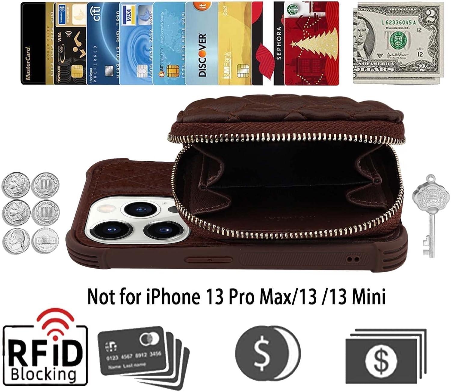 MONASAY Zipper Wallet Case Fit for iPhone 13 Pro,[Glass Screen Protector ][RFID Blocking] Flip Leather Handbag Phone Cover with Card Holder and Detachable Crossbody Lanyard Strap, Brown