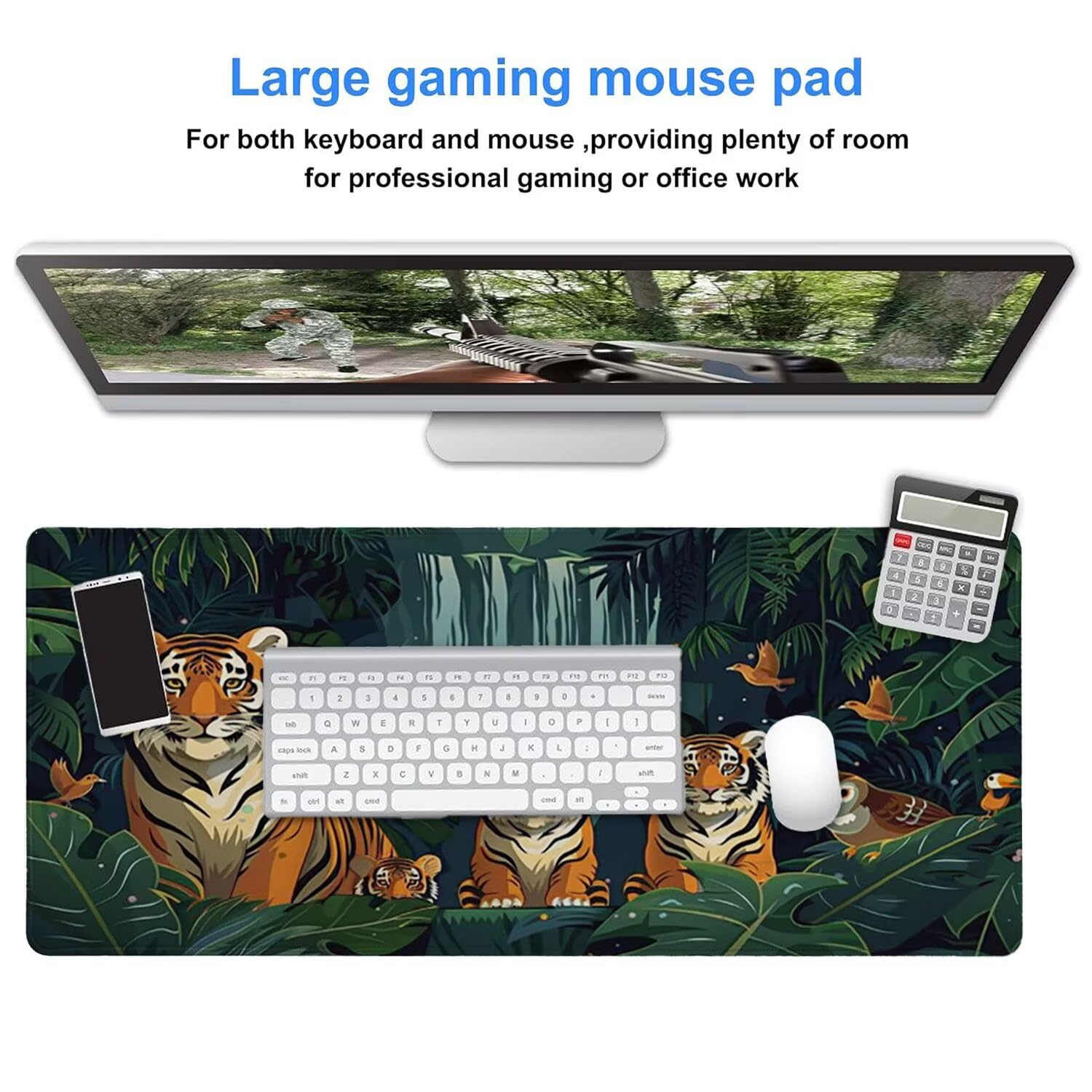 Gamingowa podkładka pod mysz, 1200 x 600 mm, XXL, przedłużona, duża podkładka pod mysz, szyte krawędzie, antypoślizgowa gumowa podstawa, ochrona do domowego biura, na prezent (leśny tygrys) Z740