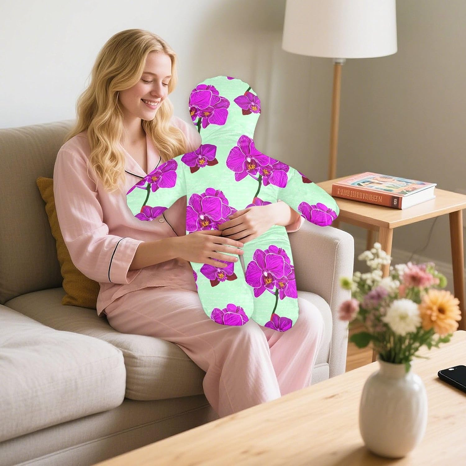 ODAWA Purple Orchids Light Green Lightweight Body Pillows with Removable Pillowcase, Body Pillow with PP Cotton Filling Pillow 23 x 32 Inch