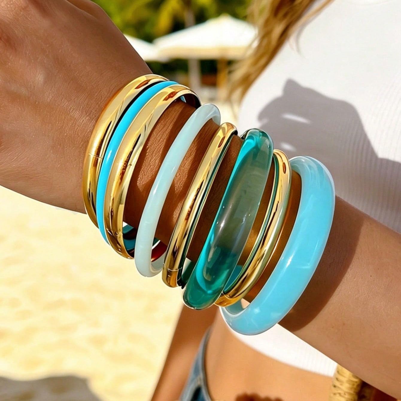 Vintage Resin Stacking Bangle Bracelets Set for Women Colorful Irregular Layered Acrylic Bangle Layered Trendy Gold Boho Jewelry image 2