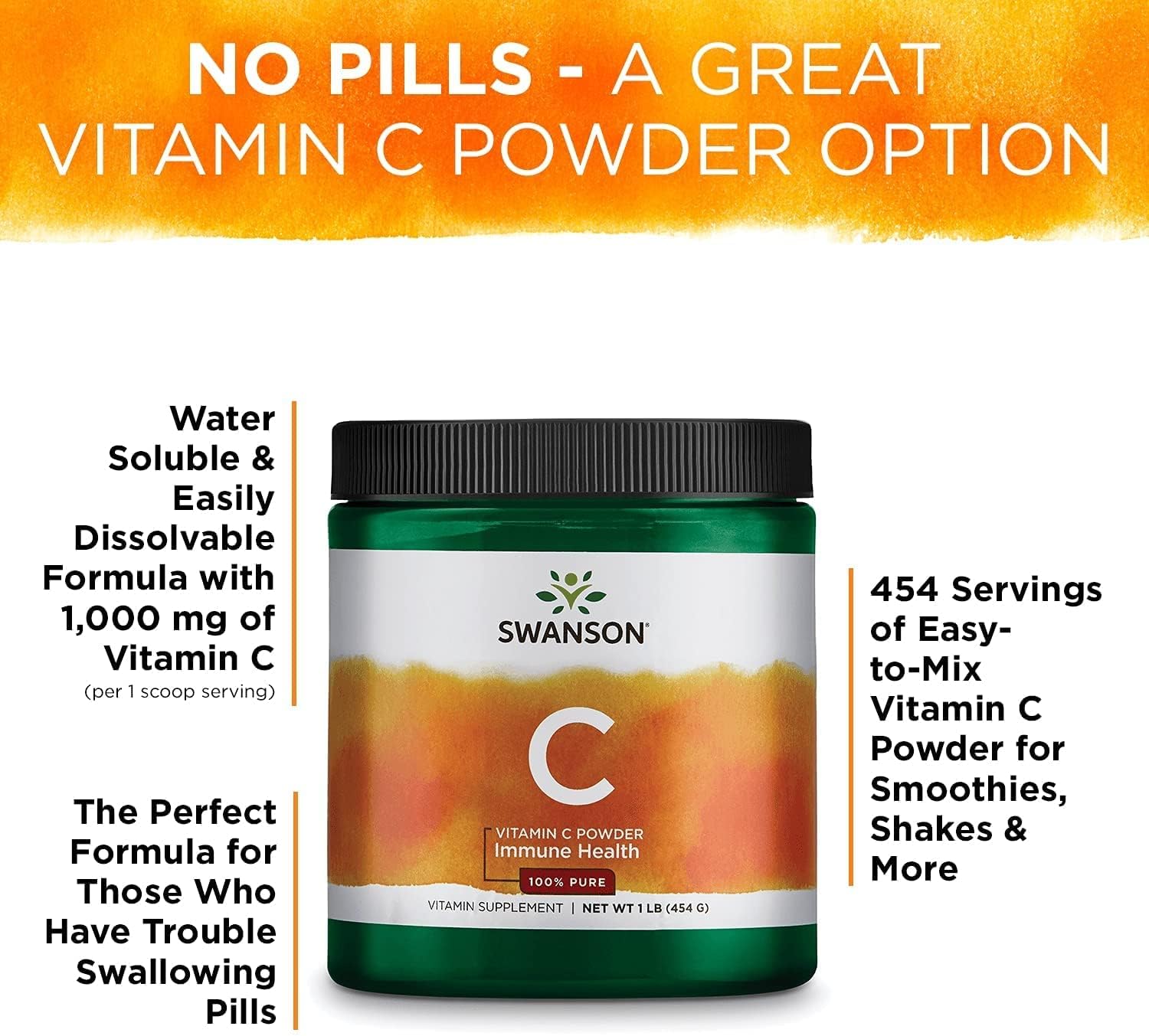 Swanson Vitamin C Powder 100% Pure Ascorbic Acid, Immune System Support, Skin Health, Cardiovascular Health, Antioxidant Supplement 1000 mg (per Serving) 1 lb. 454 g