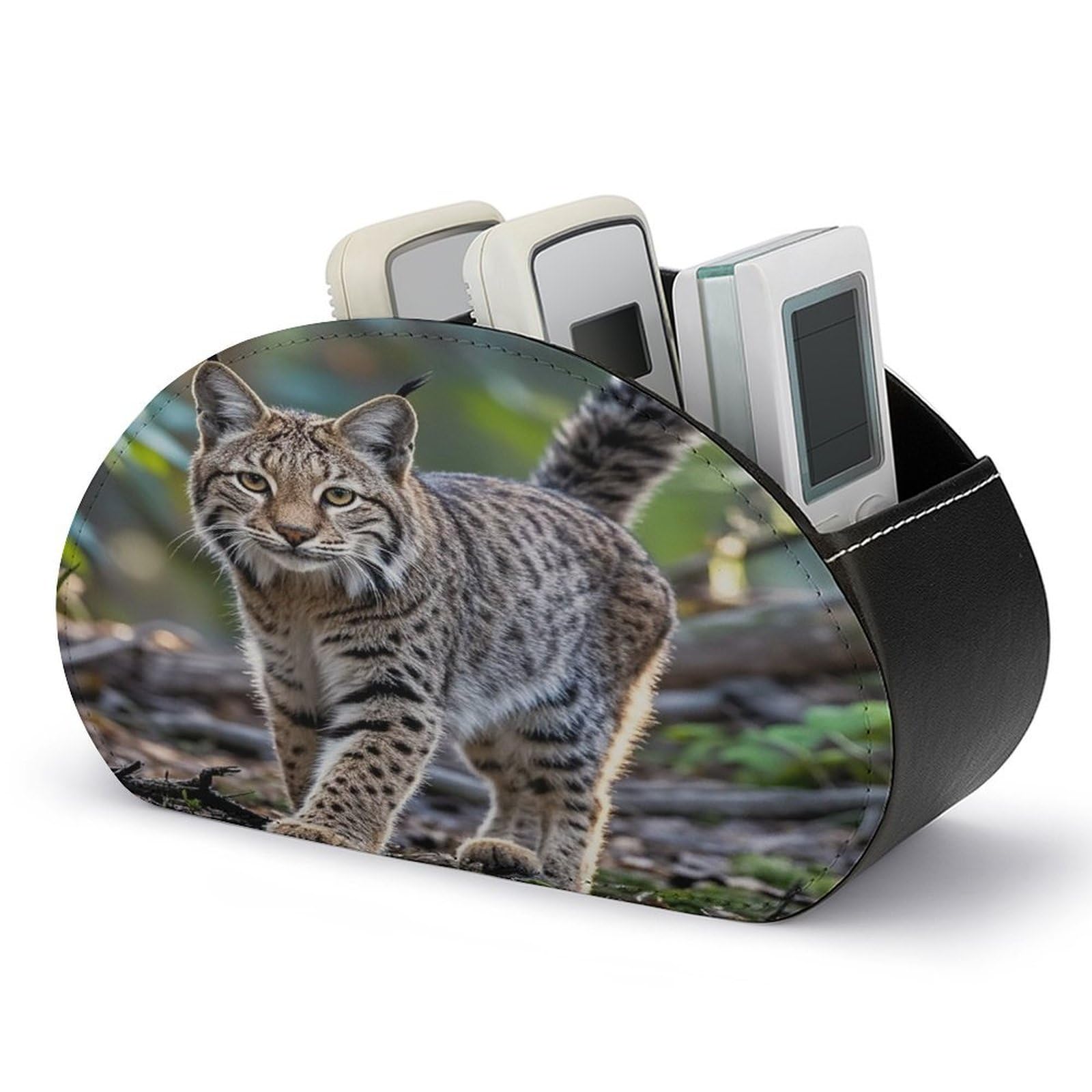 FekiLoot Leather TV Remote Control Holder with 5 Compartments Multifunctional TV Remote Holder Bedside Table Remote Caddy Storage Box Wild Bobcat Remote Organizer for Home Office