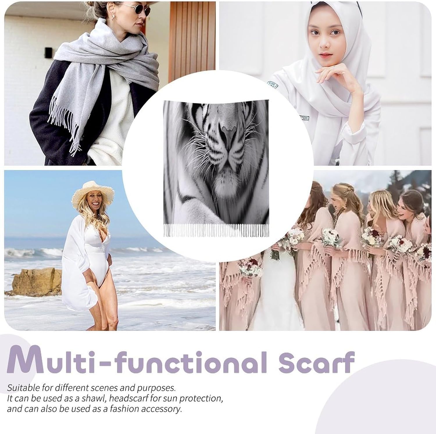 Black White Tiger Scarf for Women Men Classic Fashion Blanket Scarves Soft Cashmere Feel Scarf Cold Weather Warm Long Shawl Winter Large Scarves Classic Blanket Scarfs Thick