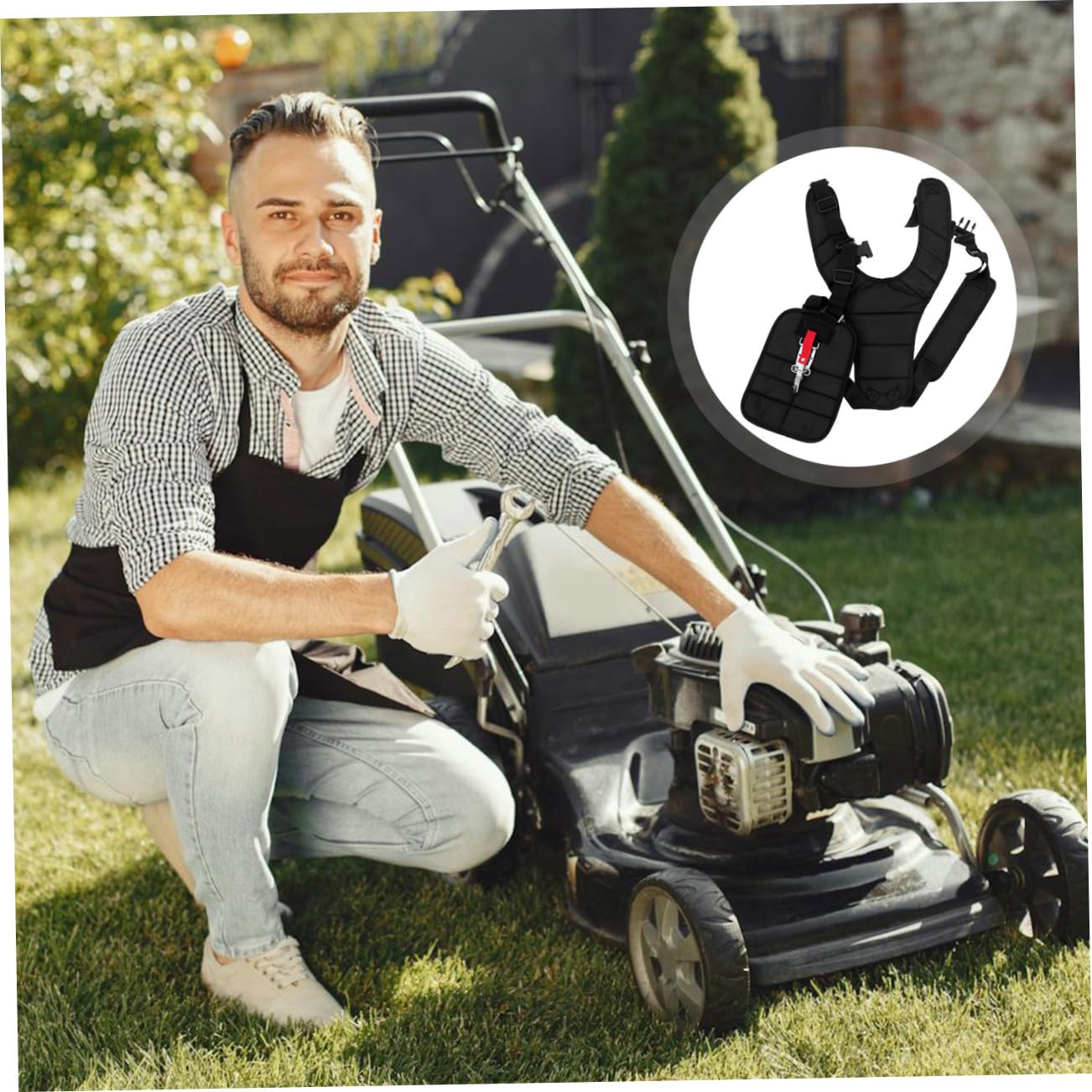 Happyyami Cinturón Recortador de Doble Hombro Acolchado, Nylon Negro | Ajuste Hebilla en Cintura, para Desbrozadora y Cortadora de Maleza, Reparto Uniforme de Carga