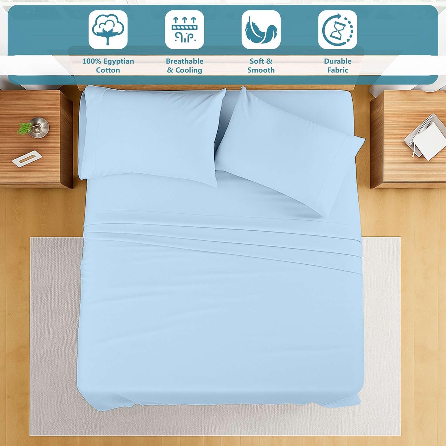Ready To Rest 100% Egyptian Cotton Queen Sheet Set - 4 Piece Sheets with 15" Deep Pocket, Soft & Comfy, 1 Fitted Sheets + 1 Flat Sheet & 2 Pillowcases (Light Blue Solid)