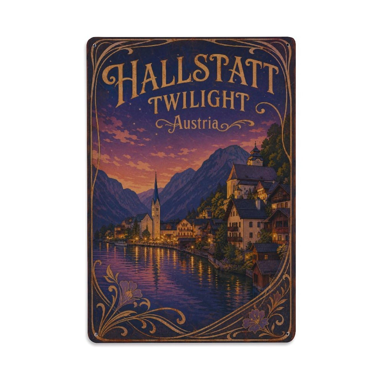Gead 8X12inch Style Vintage Travel Hallstatt Austria Twilight Metal Tin Sign