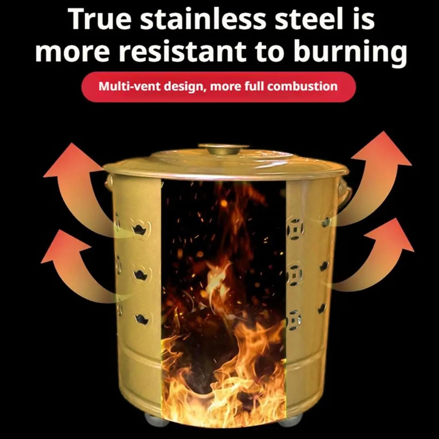 Burn Barrel, Stainless Steel Burn Cage with Lid & Handle Outdoor Incinerator Can Safe Fire Pit Bin for Yard Waste, Leaves, Paper & Cardboard, Golden