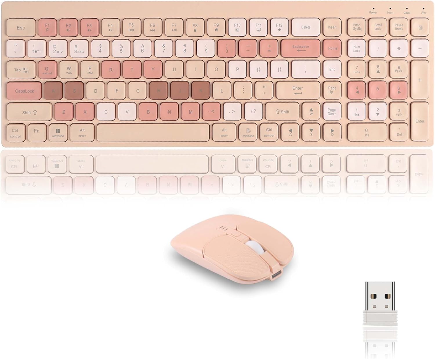 Wireless Keyboard and Mouse Set,2.4G+Bluetooth Dual-Mode Cordless Aesthetic Colorful Full-size Office Keyboard and Cute Optical Mouse, for PC Laptop Tablet (Milk Tea)