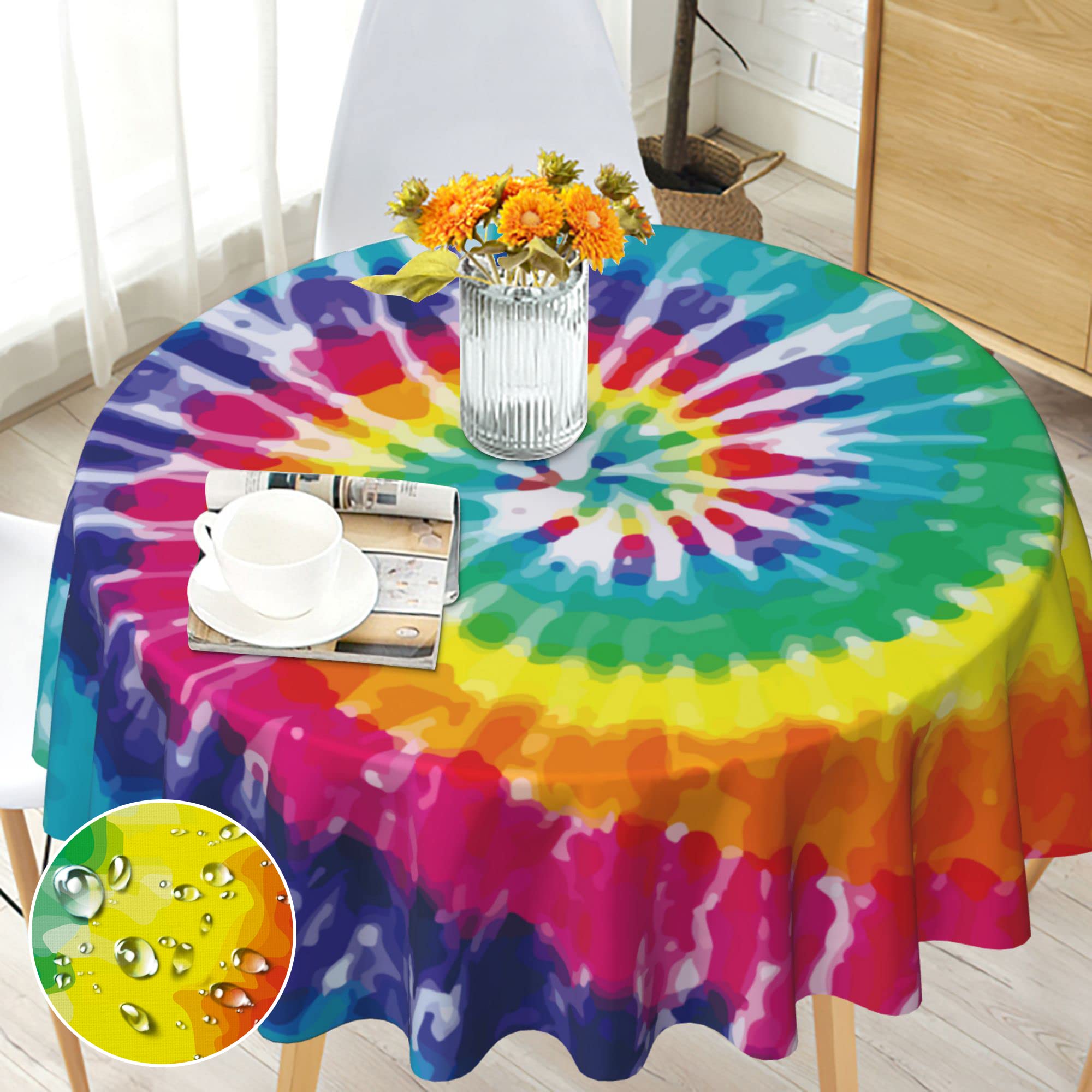 Round Tablecloth 60 inch, Tie Dye Round Table Cloth, Stain Resistance, Water Repellent and Wrinkle-Free, Colorful Circle Tablecloth for Home Kitchen