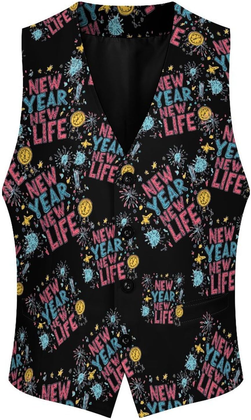 Happy New Year New Life Suit Vest for Men Casual Business Tuxedo Slim Fit Suit Vests Lightweight Waistcoat