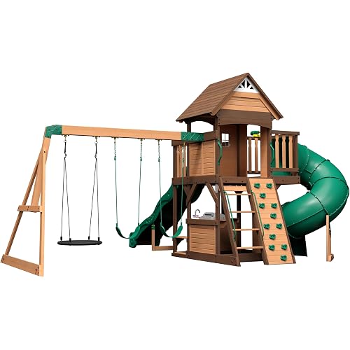 Backyard Discovery Cedar Cove Cedar Wood Swing Set with Spiral Tube Slide, Wave Slide, Clubhouse, Toy Grill, Snack Bar, Rock Wall, Belt Swings, Web Swing, Balcony, Chalkboard, Ladder, Outdoor Playset