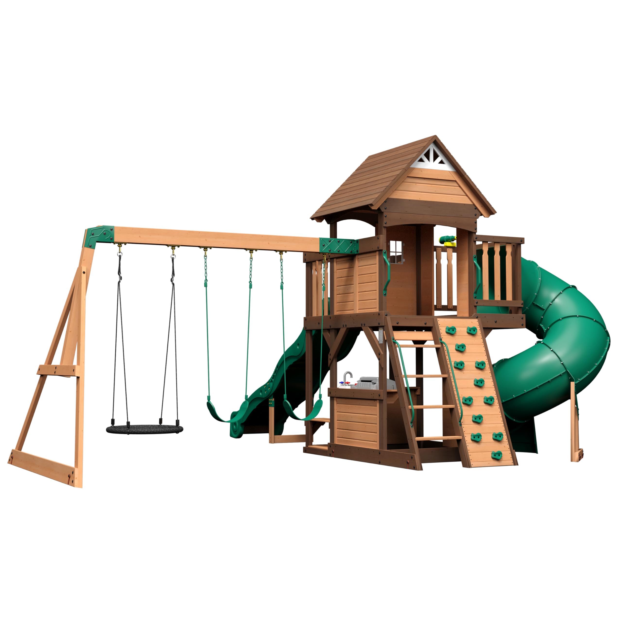 Backyard Discovery Cedar Cove | Maisonnette en Bois avec Balancoires, Toboggan Double Mur d'escalade et Banc | Balancoire Exterieur avec Toboggan, Portique Balancoire Exterieur | Vert, Marron