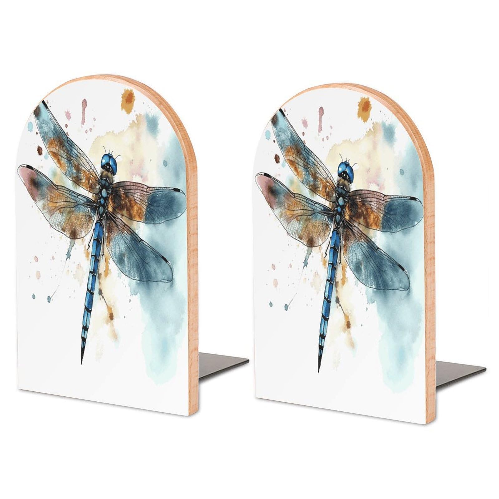 Watercolour Dragonfly Bookend for Shelves Wooden Book End Large Size Sturdy Book Holders Stoppers with Metal Base for Bookshelves Slick Decorative Bookends Stands