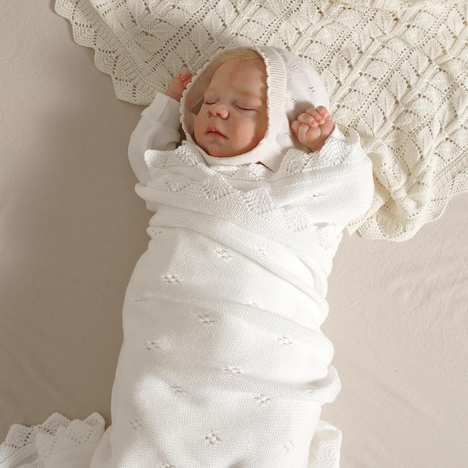 Hadetoto Coperta per neonati, 100% cotone, lavorata a maglia, idea regalo per neonati, 100 x 80 cm, colore: bianco