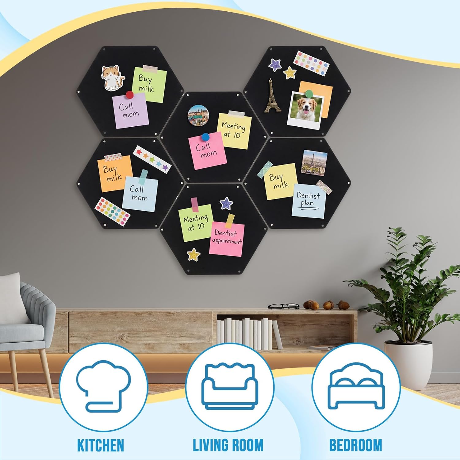 LEIFIDE 6 Pcs Black Magnetic Board 12 x 10 Inch Wall Mounted Hexagonal Magnet Bulletin Board Suitable for Displaying Notes Memos Photos Office Supplies Kitchenware Vision Boards, Equipped with Screws