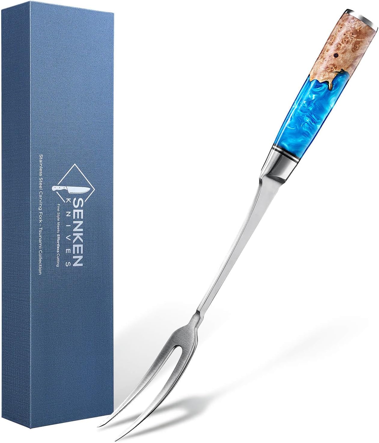 SENKEN Tsunami Carving Fork – 13" Stainless Steel Meat Fork, One-Piece Forged BBQ and Serving Fork with Blue Resin Burl Wood Handle