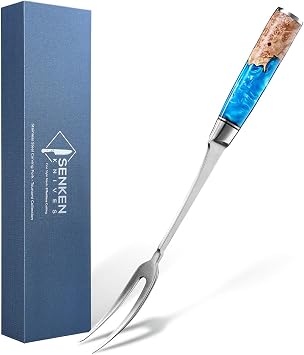 SENKEN Tsunami Carving Fork 13" Stainless Steel Meat Fork, One-Piece Forged BBQ and Serving Fork with Blue Resin Burl Wood Handle