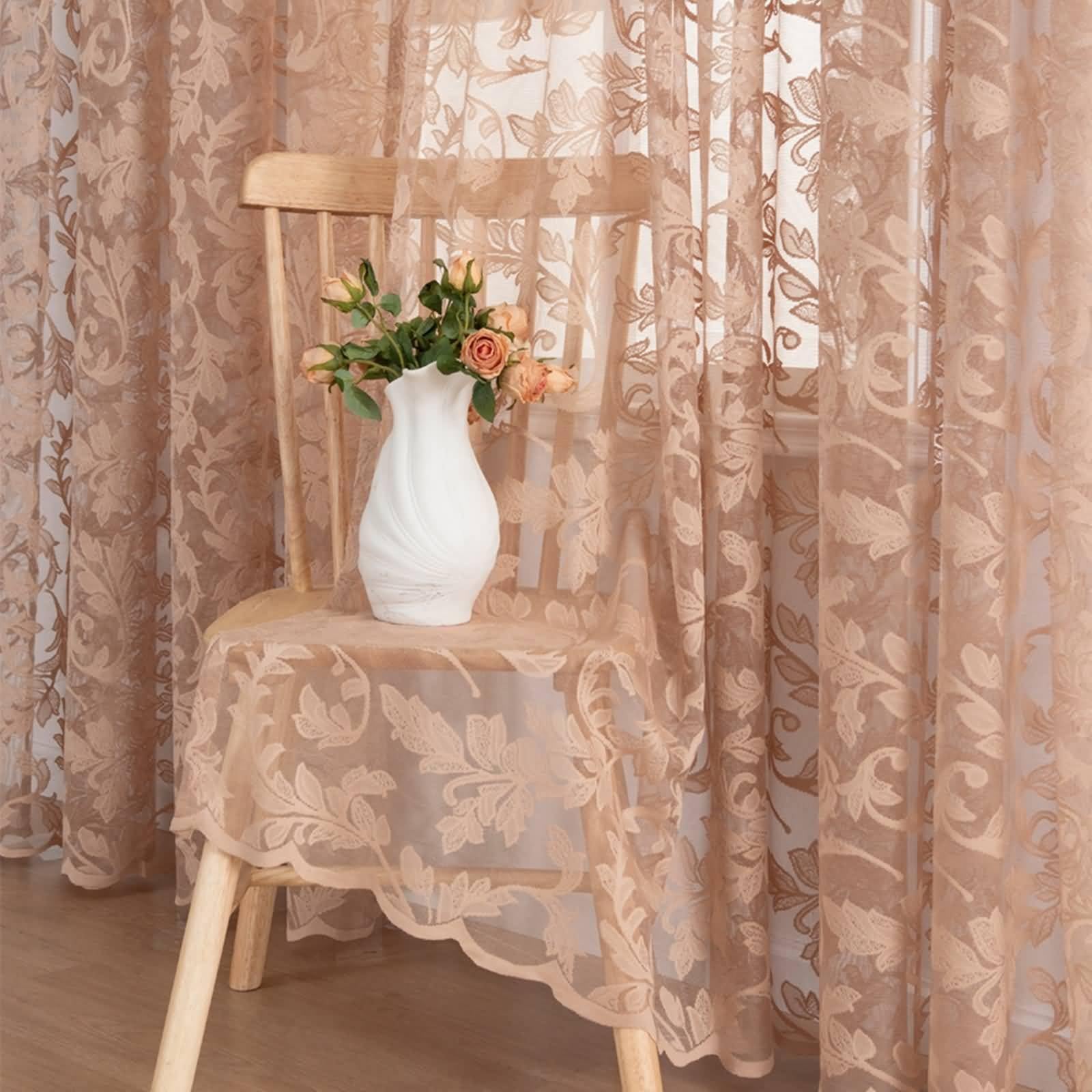 Dekoracyjne zasłony, zasłony zaciemniające z poliestru, jasna kawa z gałązkami liści wzór 102 cm x 228 cm (szer. x wys.) - 2 szt