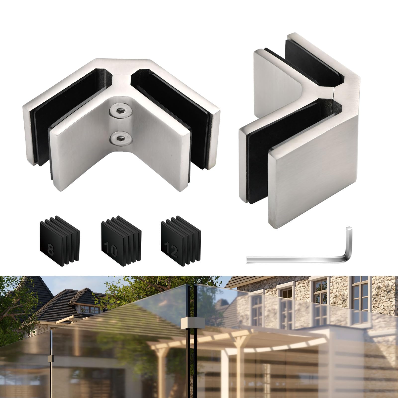 Railing Glass Clamps 4 Pack, Glass Balustrade Clamp for 5/16"- 3/8"-1/2"Thinkness, 304 Stainless Steel Double Sided Railing Clip Holder for Pool