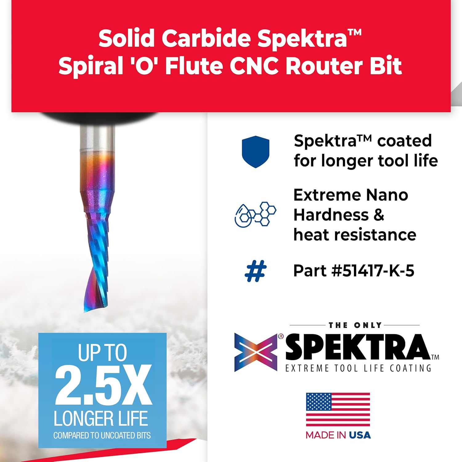 Amana Tool 51417-K-5 5-Pack CNC Spektra Coated SC Spiral O Single Flute Plastic Cutting 3/16 D x 5/8 CH x 1/4 SHK x 2 Inch Long Up-Cut Router Bits with Mirror Finish